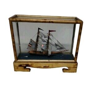 Vintage Old Mini Wooden Sail Ship in a Display Box Glass Case Wooden Pedestal